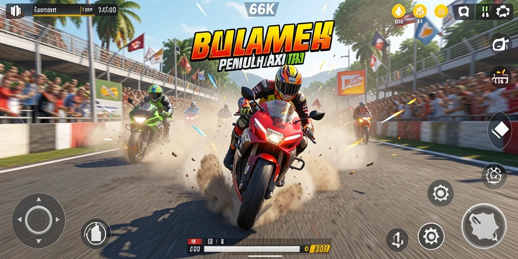 Tangkapan layar 66K menampilkan aksi balapan motor yang seru.