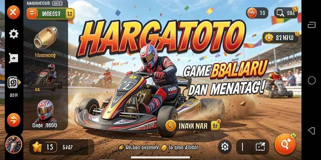Gameplay HARGATOTO dengan mobil balap di lintasan menantang.