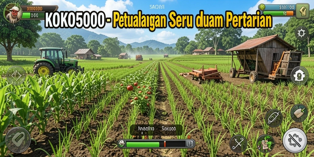 Screenshot gameplay KOKO5000 menampilkan suasana pertanian yang hijau dan subur.