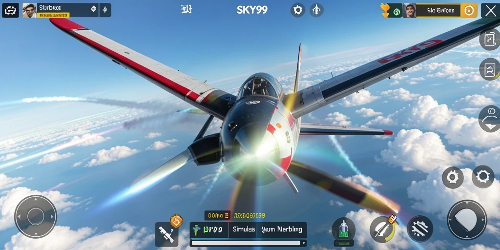 Screenshot menarik dari gameplay <strong>SKY99</strong> yang menunjukkan pesawat terbang di langit biru.